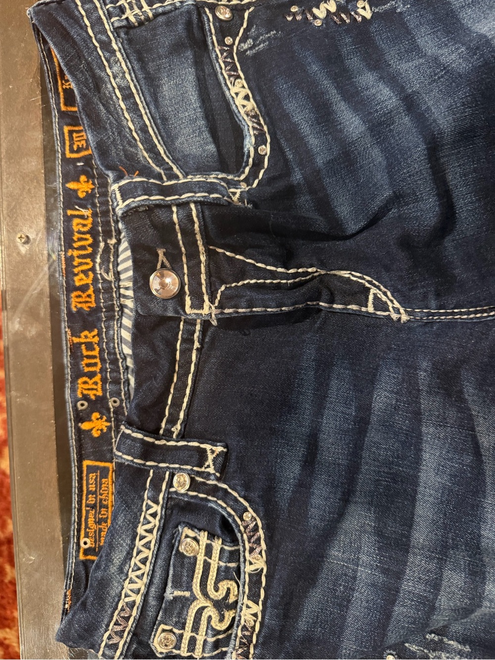 Rock Revival Blue Denim Jeans with White Embroidered Pockets - Picture 3 of 4